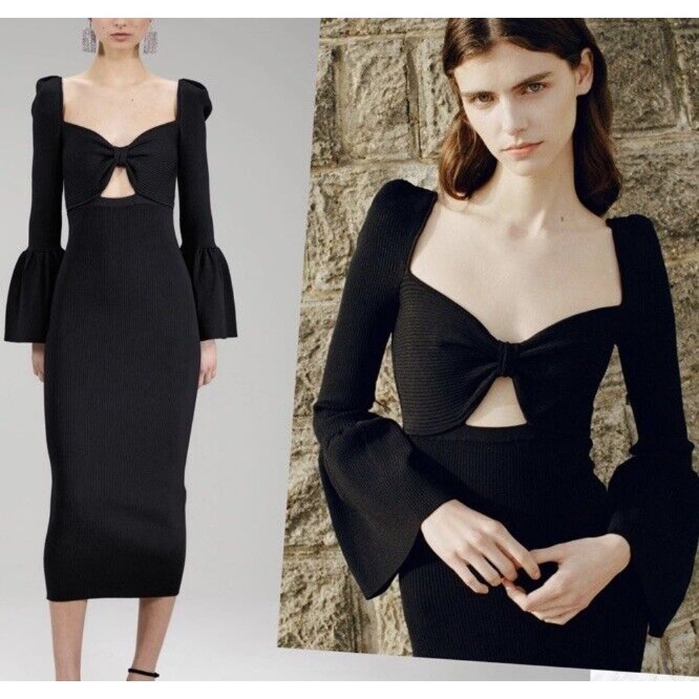 SELF PORTRAIT Dress Midi Sz M Ribbed Knit Cut Out Bow Bell Sleeve Black …​​